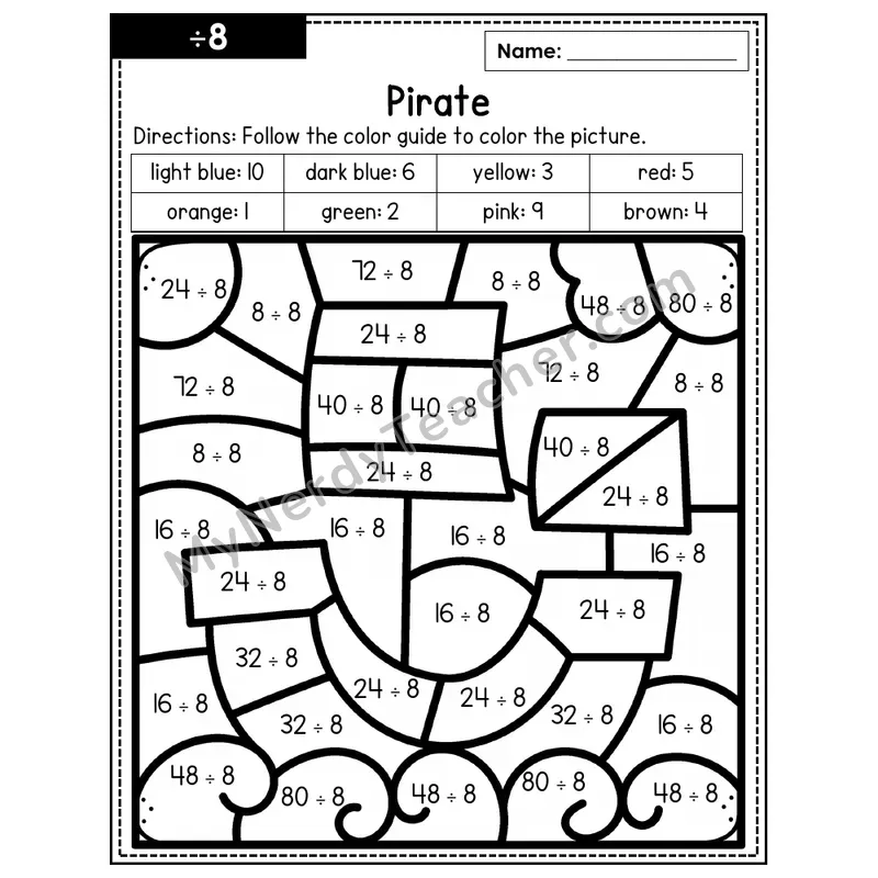 Division Color by Number — ÷8 — Pirate (Page 5)