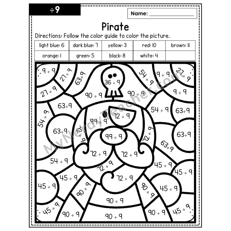 Division Color by Number — ÷9 — Pirate (Page 6)