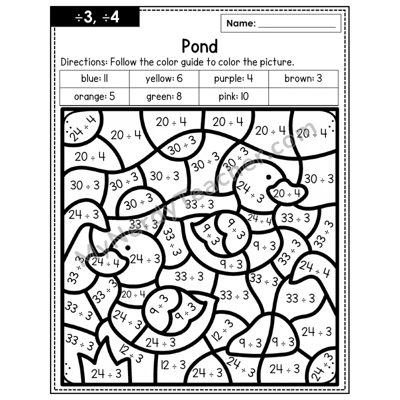 Division Color by Number — ÷3, ÷4 — Pond (Page 2)