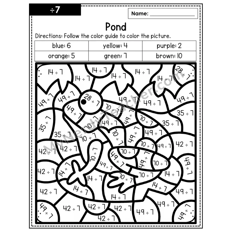 Division Color by Number — ÷7 — Pond (Page 4)