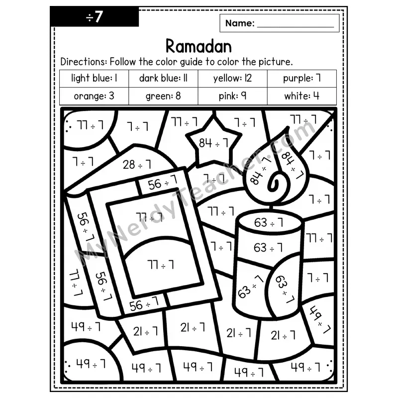 Division Color by Number — ÷7 — Ramadan (Page 4)