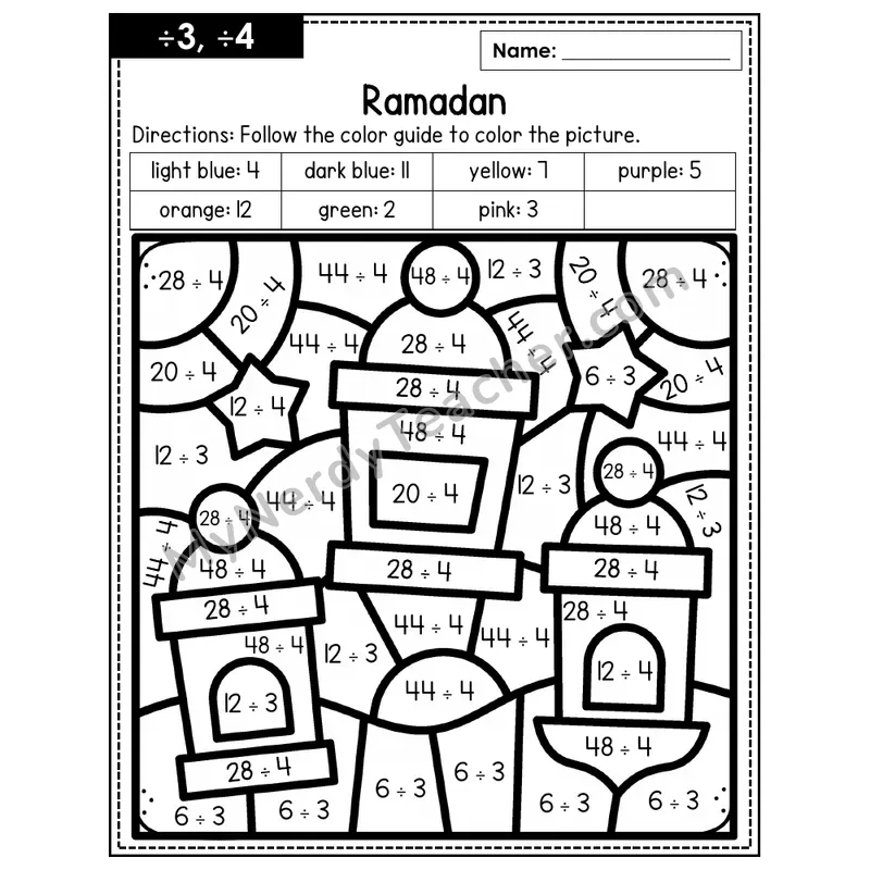 Division Color by Number — ÷3, ÷4 — Ramadan (Page 2)