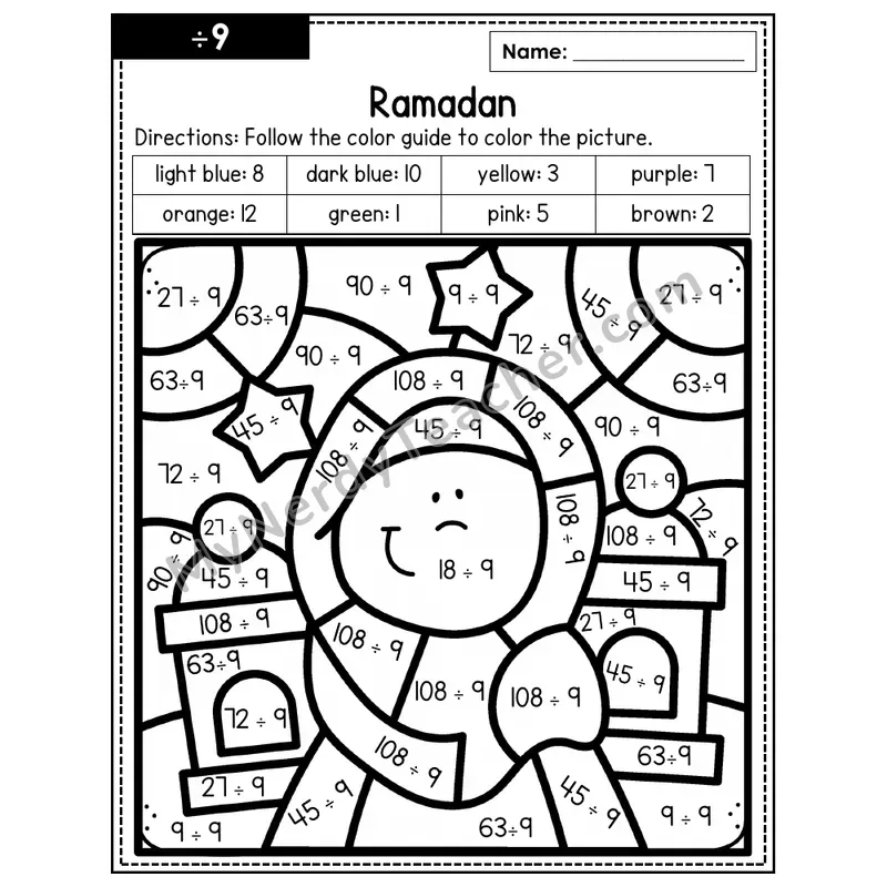 Division Color by Number — ÷9 — Ramadan (Page 6)
