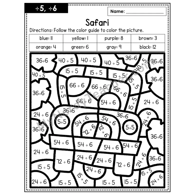 Division Color by Number — ÷5, ÷6 — Safari (Page 3)