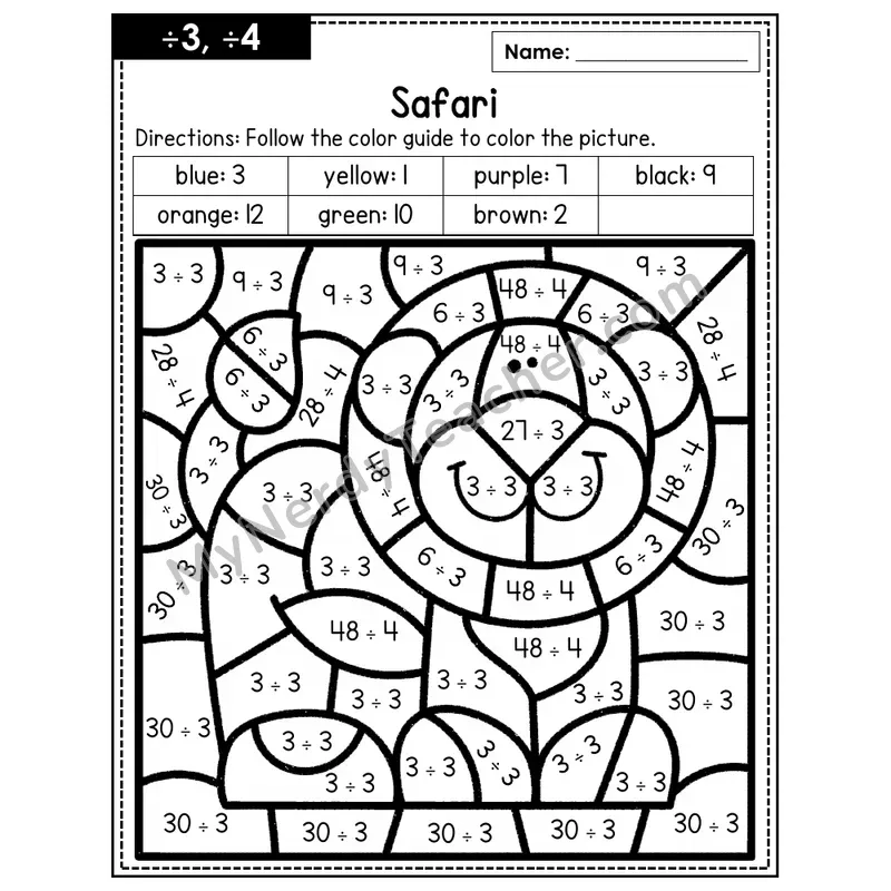 Division Color by Number — ÷3, ÷4 — Safari (Page 2)