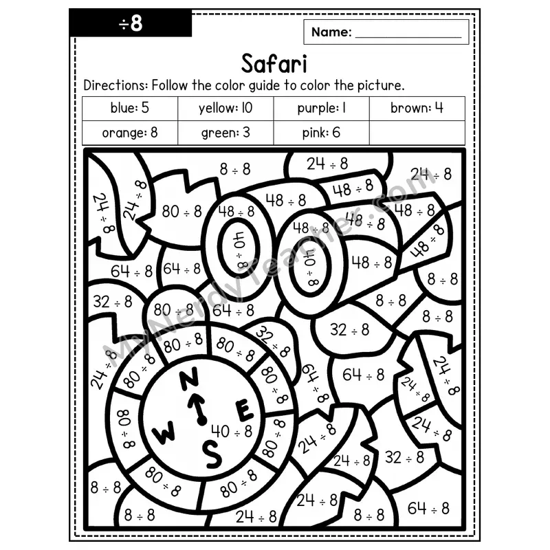 Division Color by Number — ÷8 — Safari (Page 5)