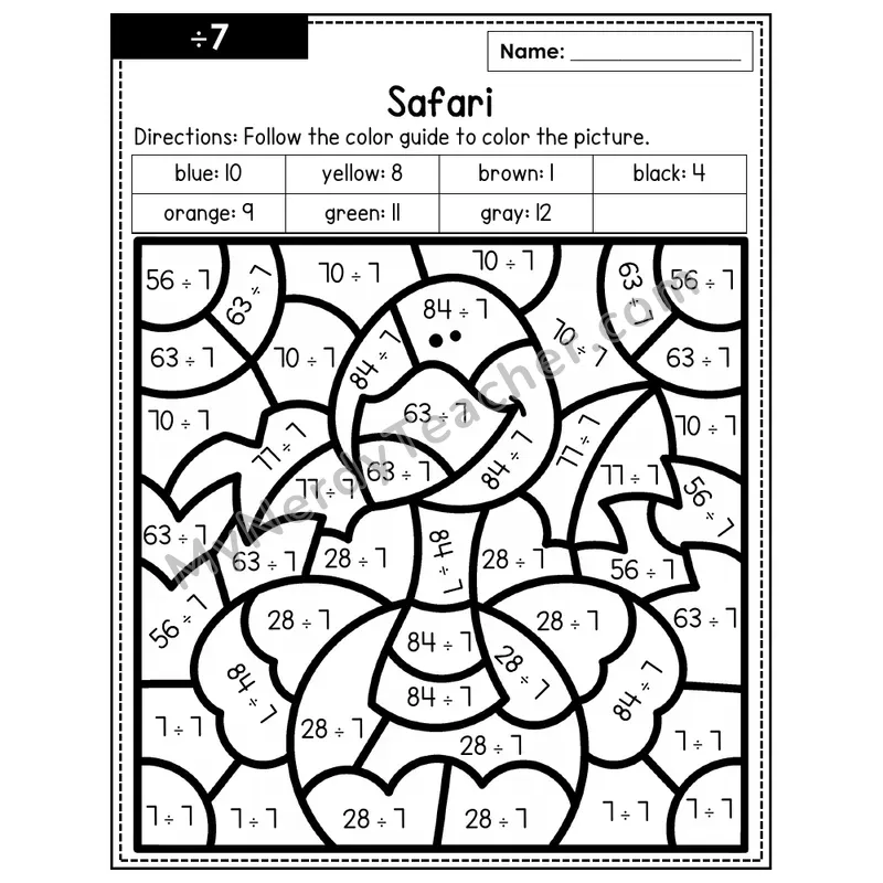 Division Color by Number — ÷7 — Safari (Page 4)