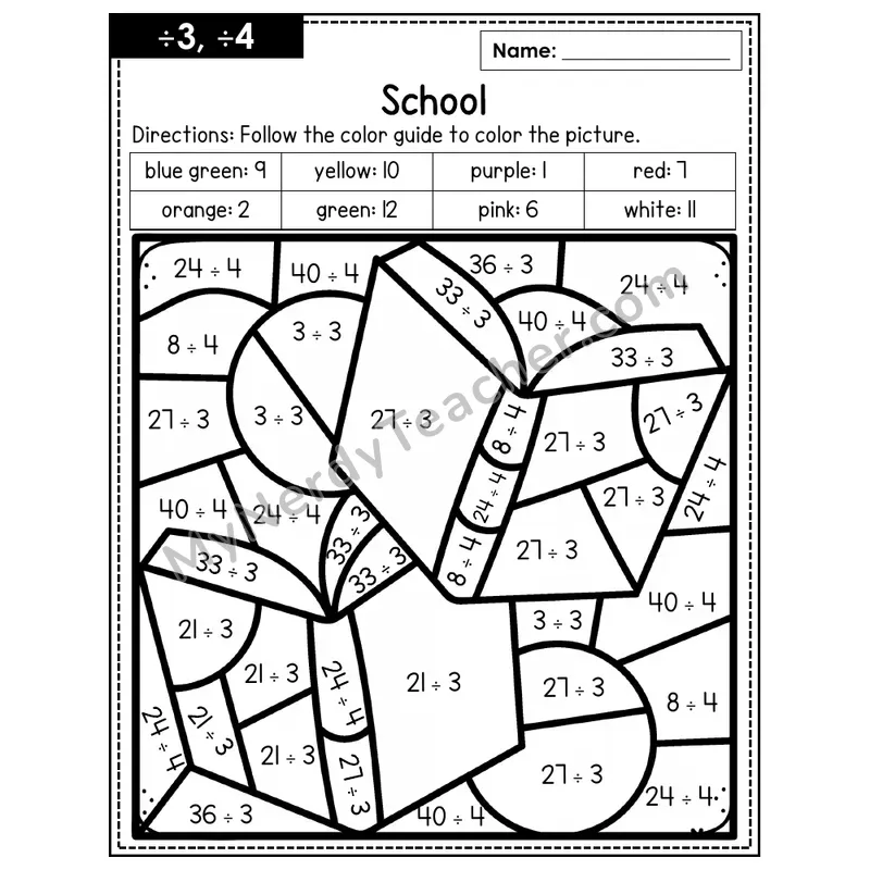 Division Color by Number — ÷3, ÷4 — School (Page 2)