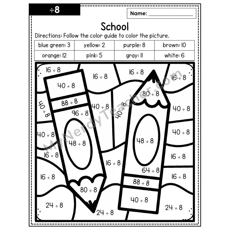 Division Color by Number — ÷8 — School (Page 5)
