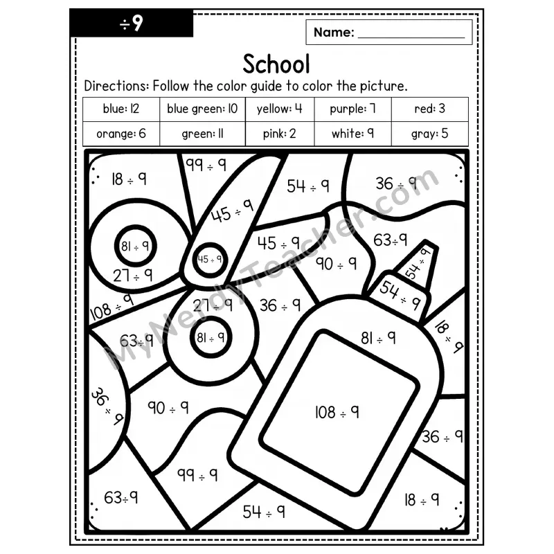 Division Color by Number — ÷9 — School (Page 6)