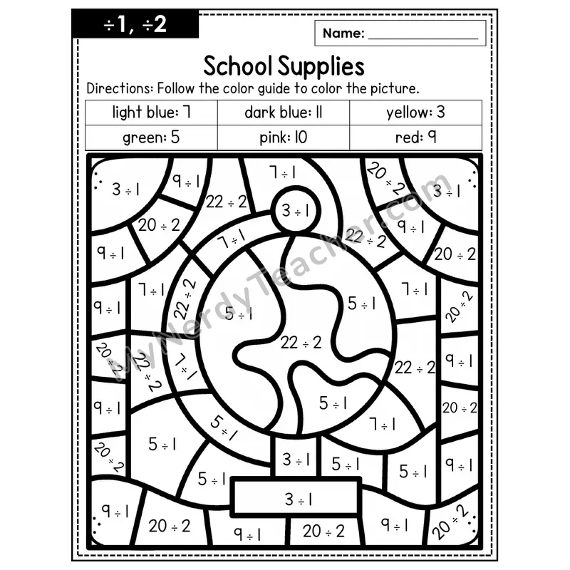 Division Color by Number — ÷1, ÷2 — School Supplies (Page 1)