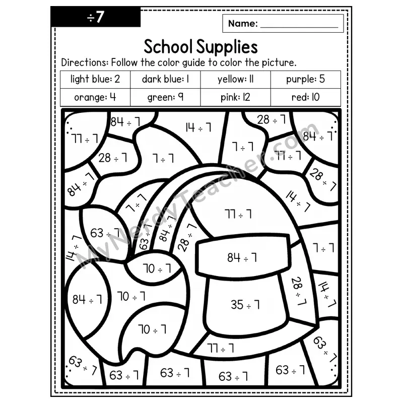 Division Color by Number — ÷7 — School Supplies (Page 4)