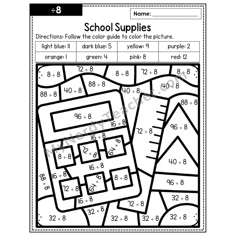 Division Color by Number — ÷8 — School Supplies (Page 5)