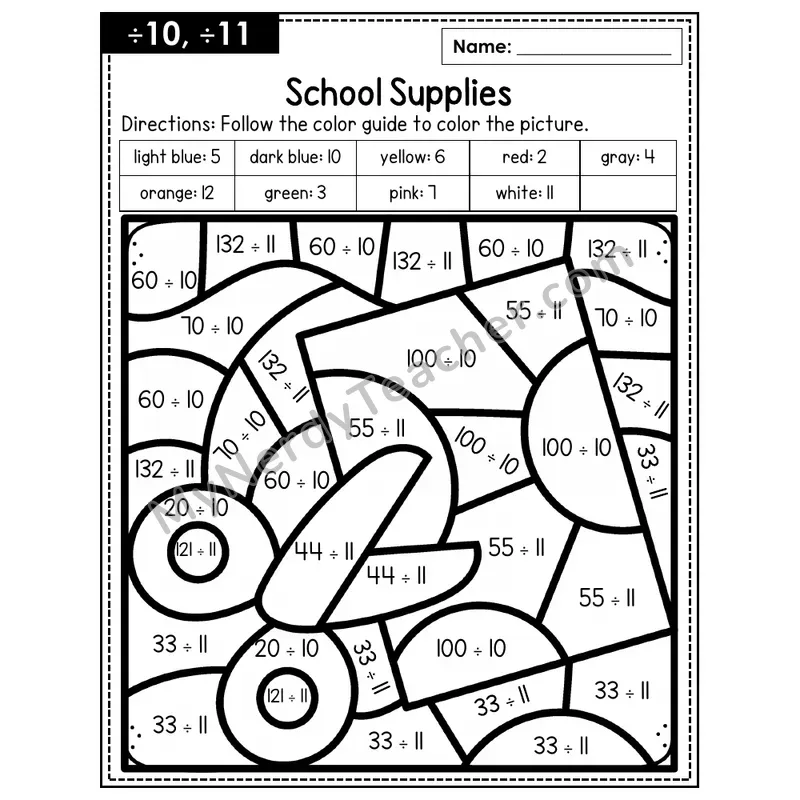 Division Color by Number — ÷10, ÷11 — School Supplies (Page 7)