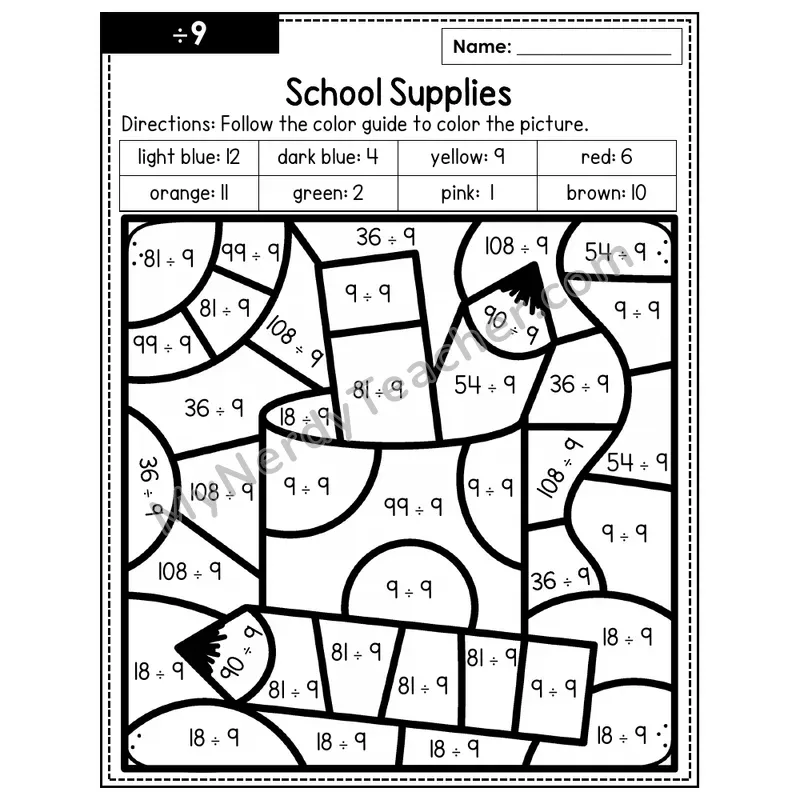 Division Color by Number — ÷9 — School Supplies (Page 6)