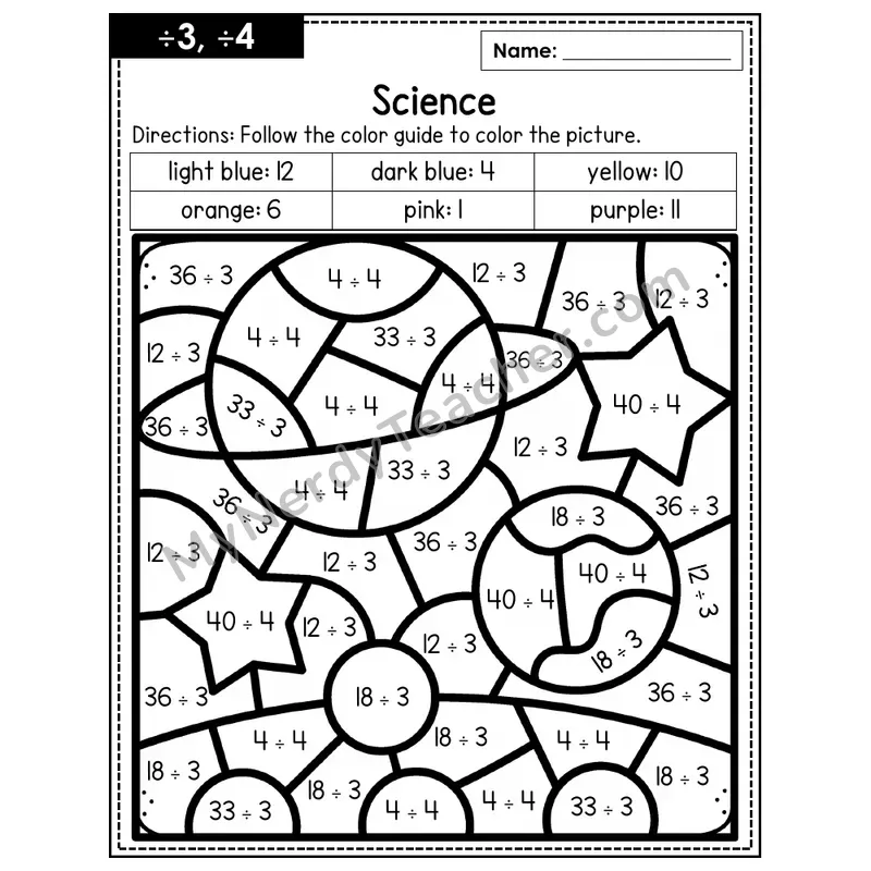 Division Color by Number — ÷3, ÷4 — Science (Page 2)