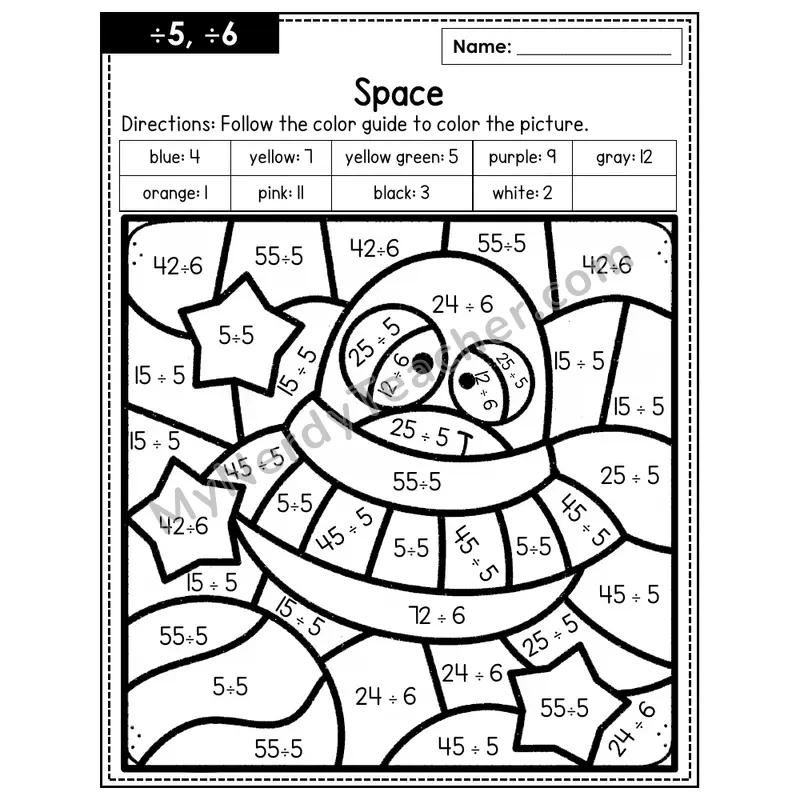 Division Color by Number — ÷5, ÷6 — Space (Page 3)