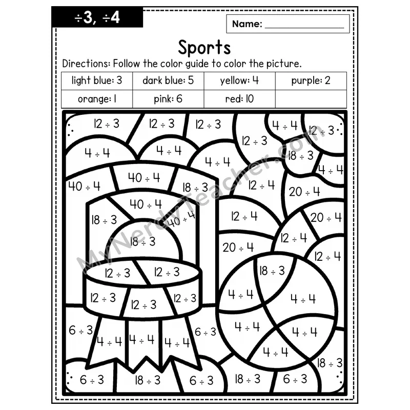 Division Color by Number — ÷3, ÷4 — Sports (Page 2)