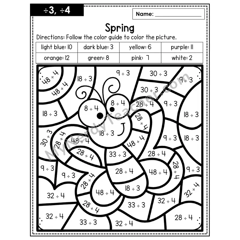 Division Color by Number — ÷3, ÷4 — Spring (Page 2)