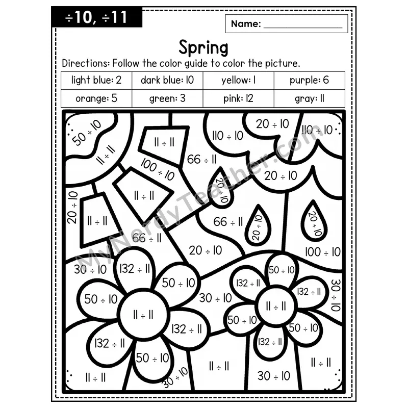 Division Color by Number — ÷10, ÷11 — Spring (Page 7)