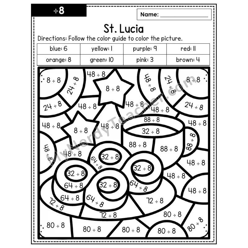 Division Color by Number — ÷8 — St. Lucia (Page 5)