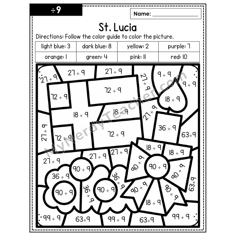 Division Color by Number — ÷9 — St. Lucia (Page 6)