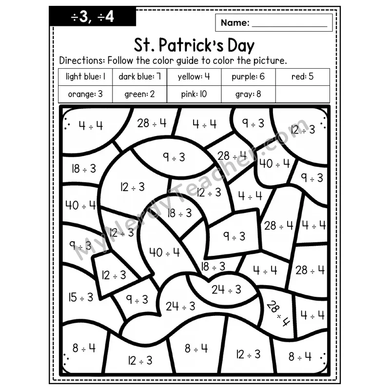 Division Color by Number — ÷3, ÷4 — St. Patrick's Day (Page 2)