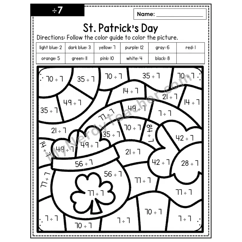 Division Color by Number — ÷7 — St. Patrick's Day (Page 4)