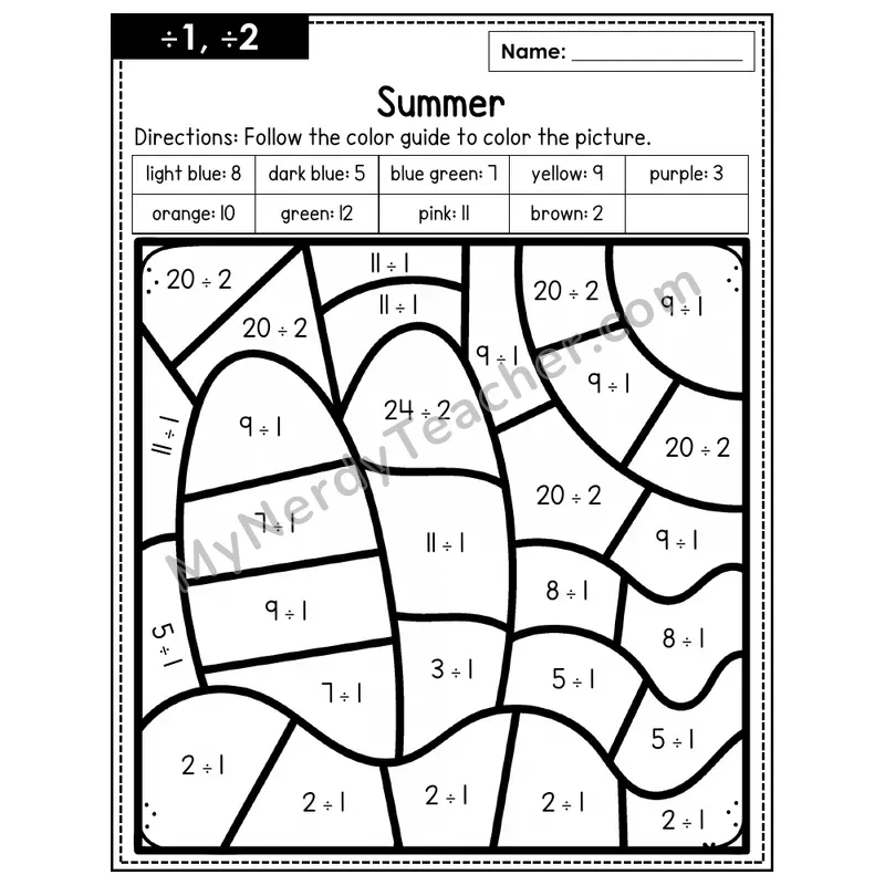 Division Color by Number — ÷1, ÷2 — Summer (Page 1)
