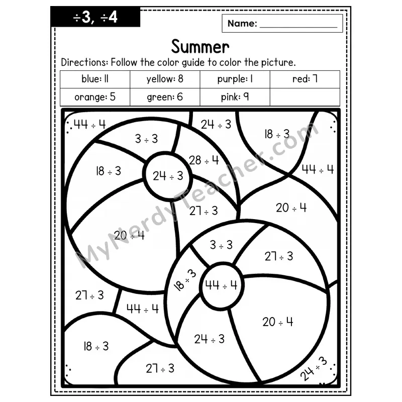 Division Color by Number — ÷3, ÷4 — Summer (Page 2)