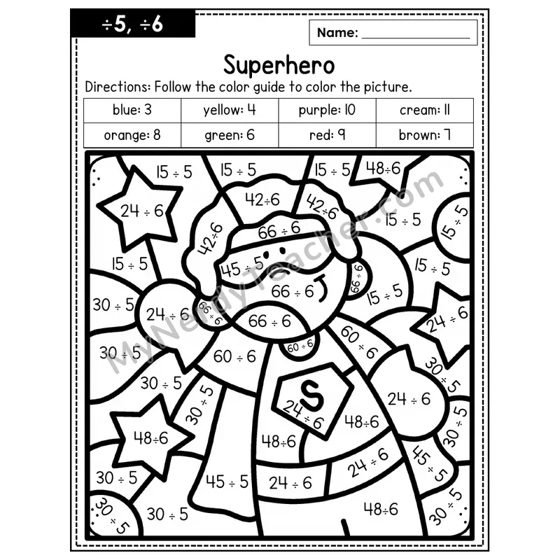 Division Color by Number — ÷5, ÷6 — Superhero (Page 3)