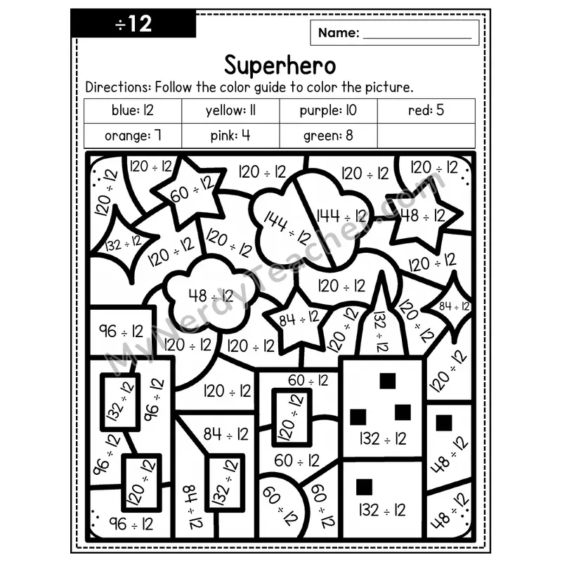 Division Color by Number — ÷12 — Superhero (Page 8)