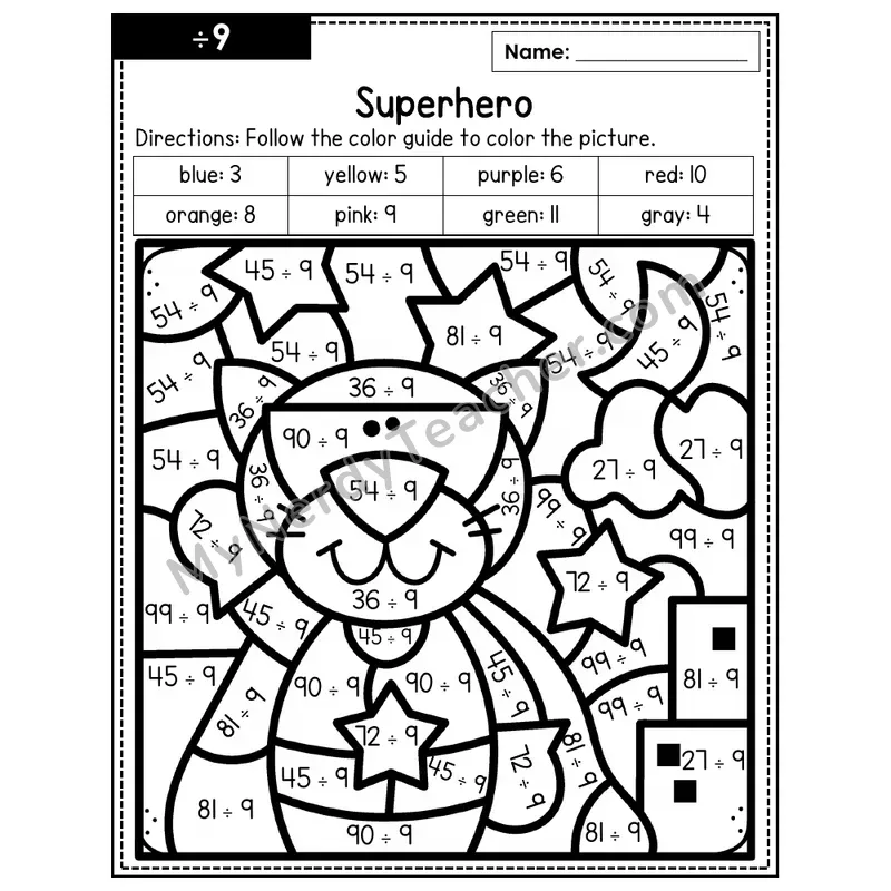 Division Color by Number — ÷9 — Superhero (Page 6)