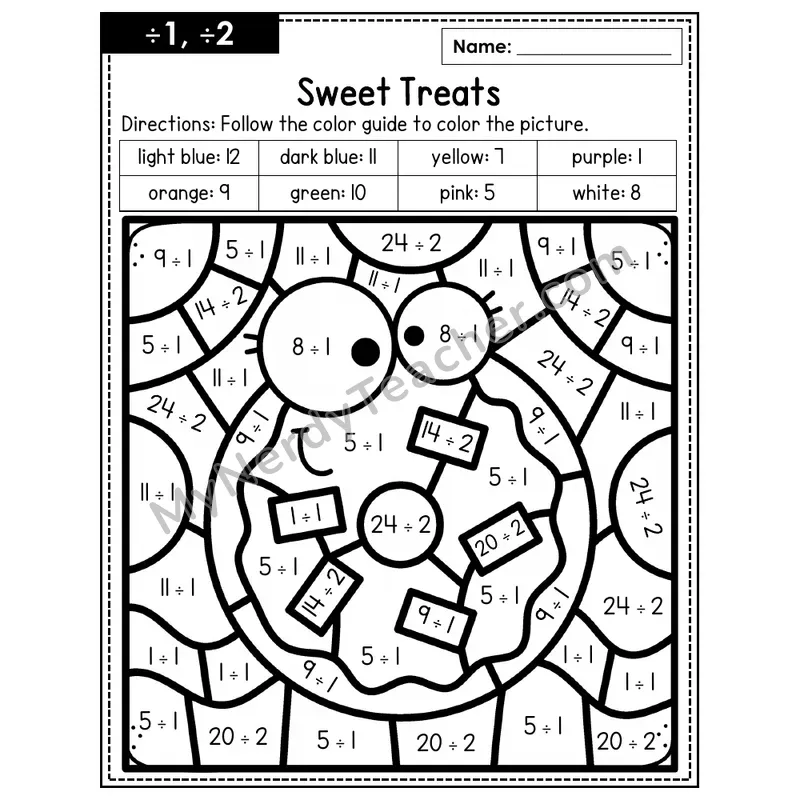 Division Color by Number — ÷1, ÷2 — Sweet Treats (Page 1)