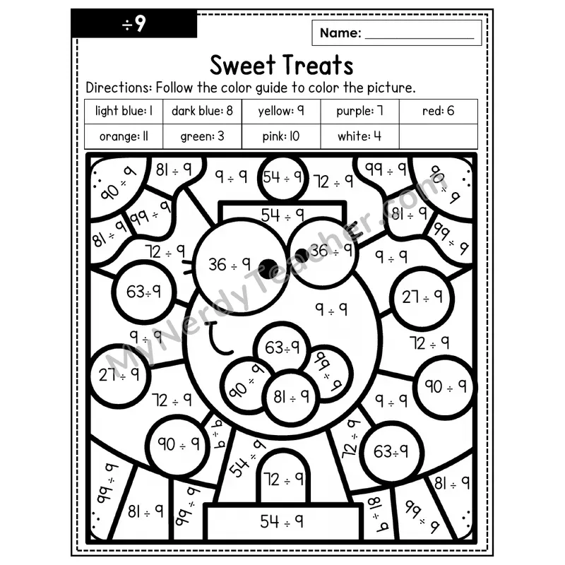 Division Color by Number — ÷9 — Sweet Treats (Page 6)