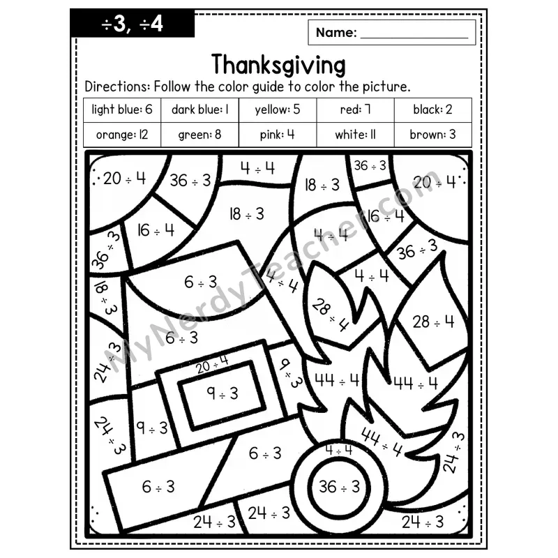 Division Color by Number — ÷3, ÷4 — Thanksgiving (Page 2)
