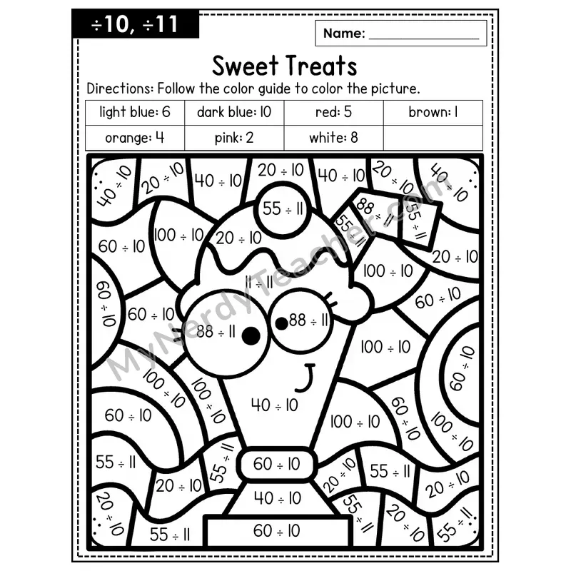 Division Color by Number — ÷10, ÷11 — Sweet Treats (Page 7)