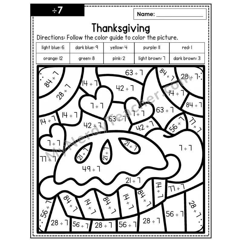 Division Color by Number — ÷7 — Thanksgiving (Page 4)