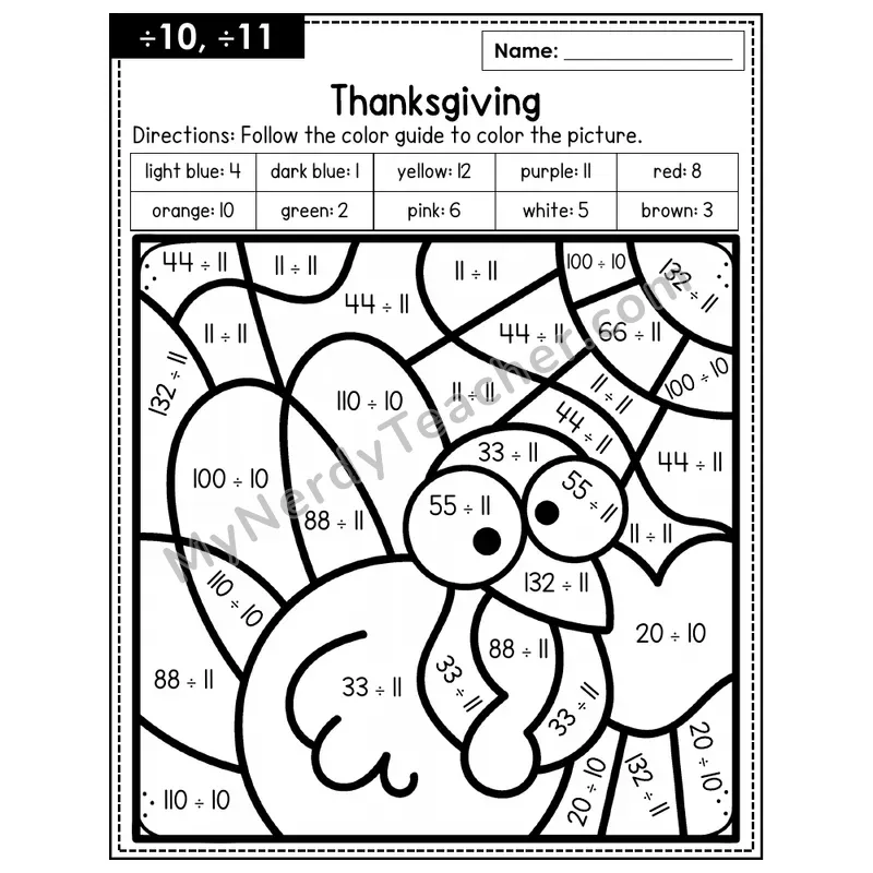 Division Color by Number — ÷10, ÷11 — Thanksgiving (Page 7)