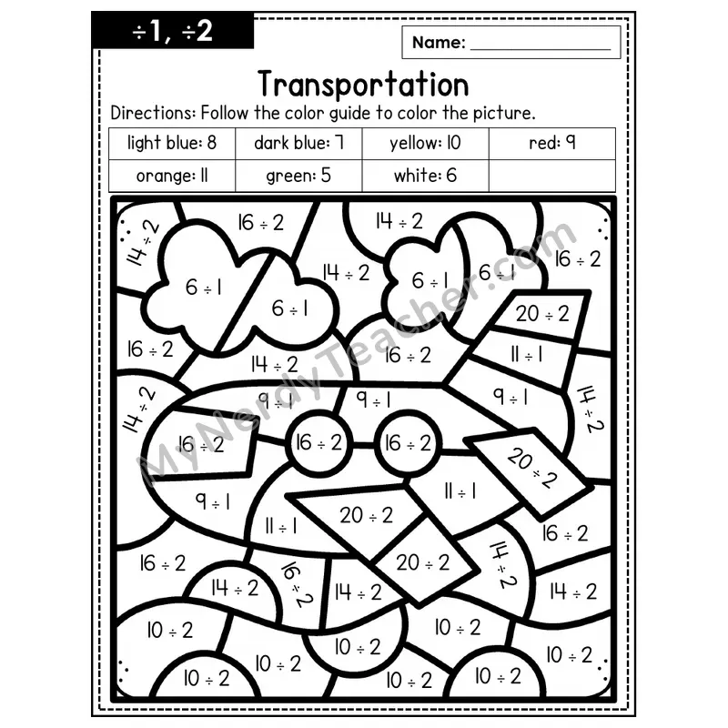 Division Color by Number — ÷1, ÷2 — Transportation (Page 1)