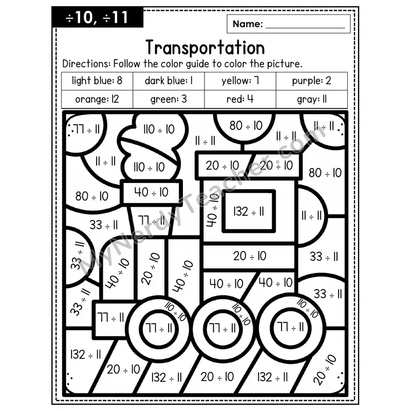 Division Color by Number — ÷10, ÷11 — Transportation (Page 7)