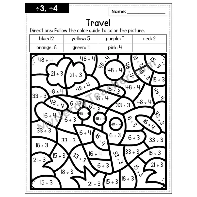 Division Color by Number — ÷3, ÷4 — Travel (Page 2)