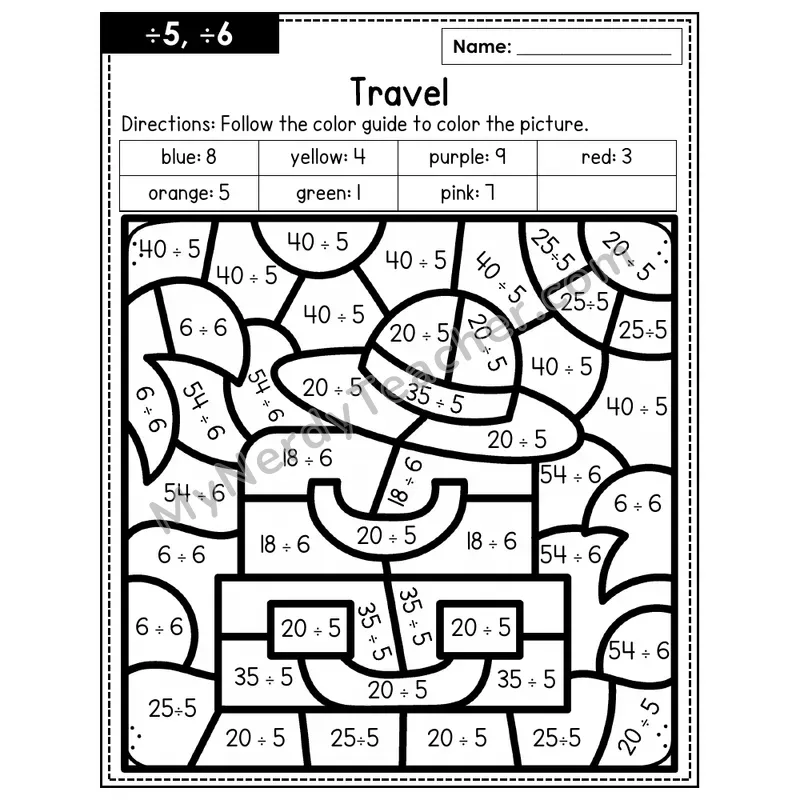 Division Color by Number — ÷5, ÷6 — Travel (Page 3)