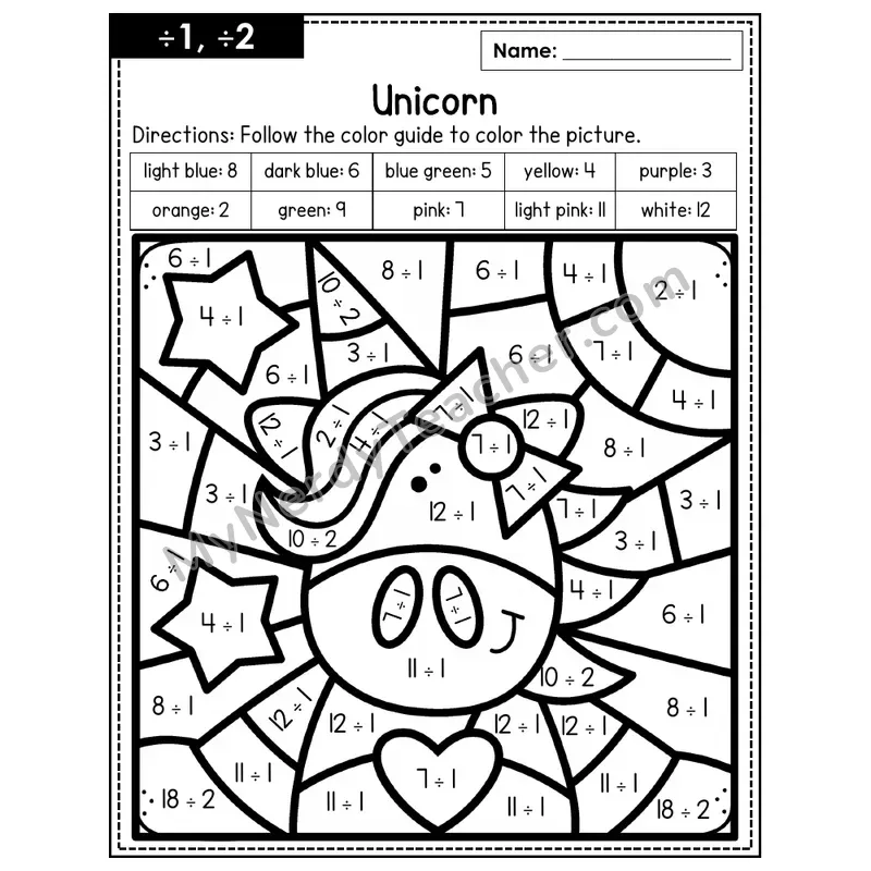 Division Color by Number — ÷1, ÷2 — Unicorn (Page 1)