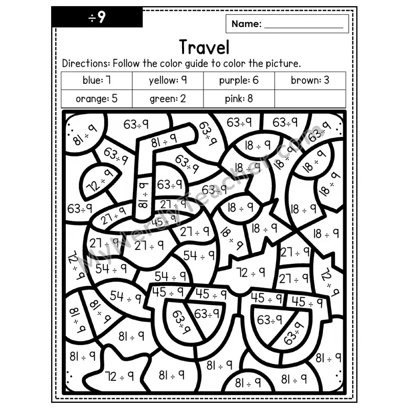 Division Color by Number — ÷9 — Travel (Page 6)