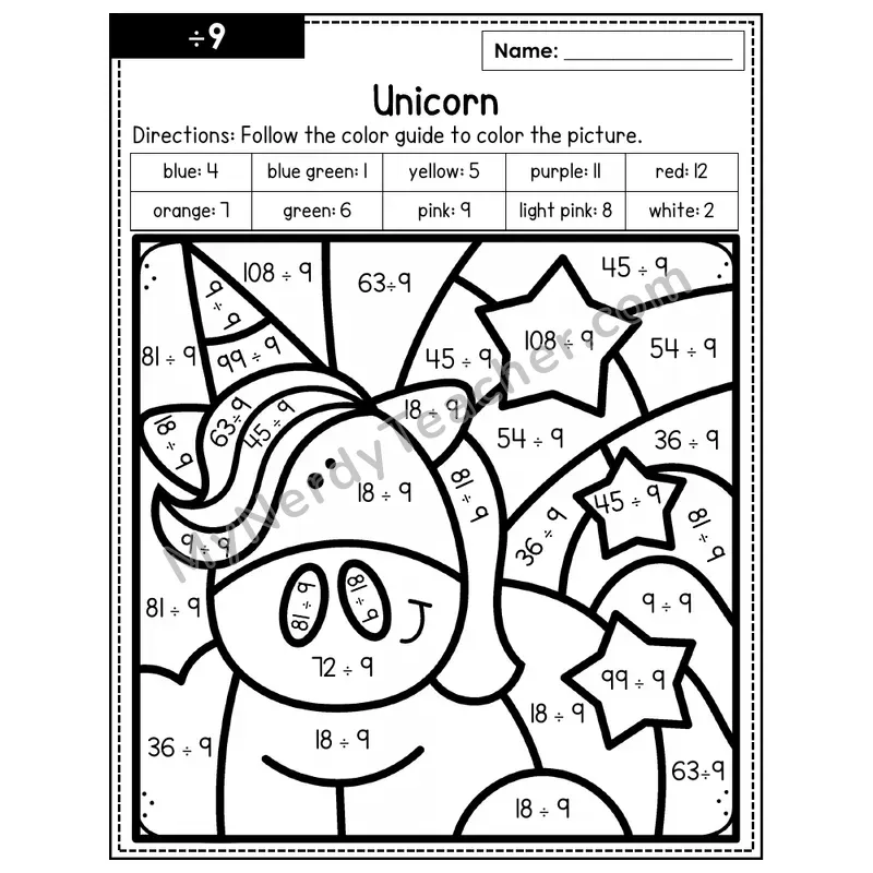 Division Color by Number — ÷9 — Unicorn (Page 6)