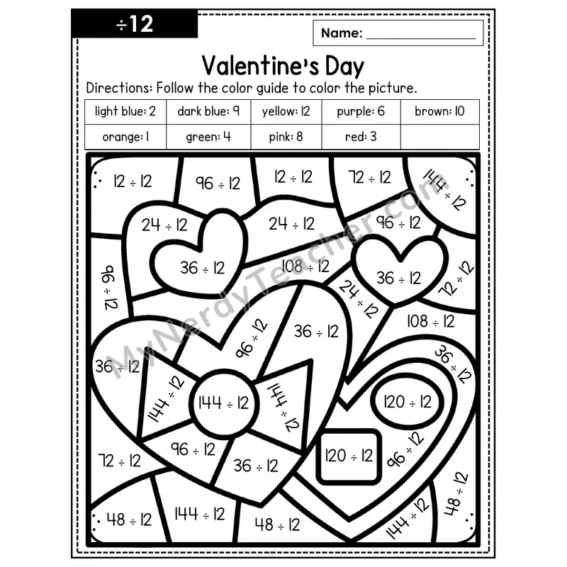 Division Color by Number — ÷12 — Valentine's Day (Page 8)