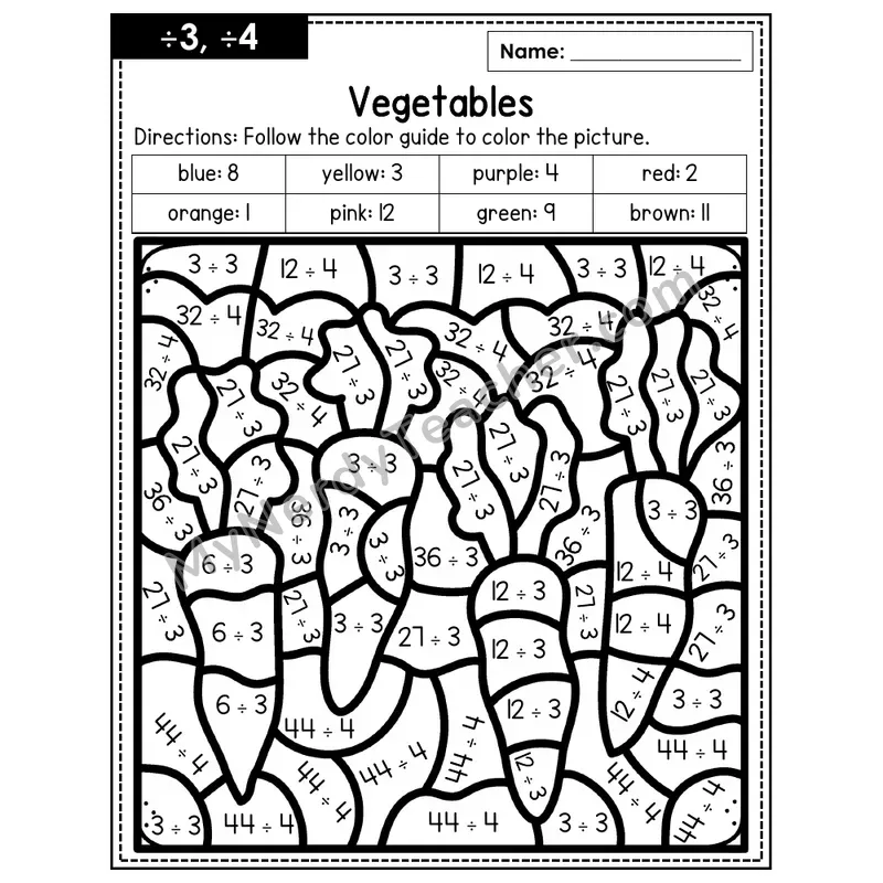 Division Color by Number — ÷3, ÷4 — Vegetables (Page 2)