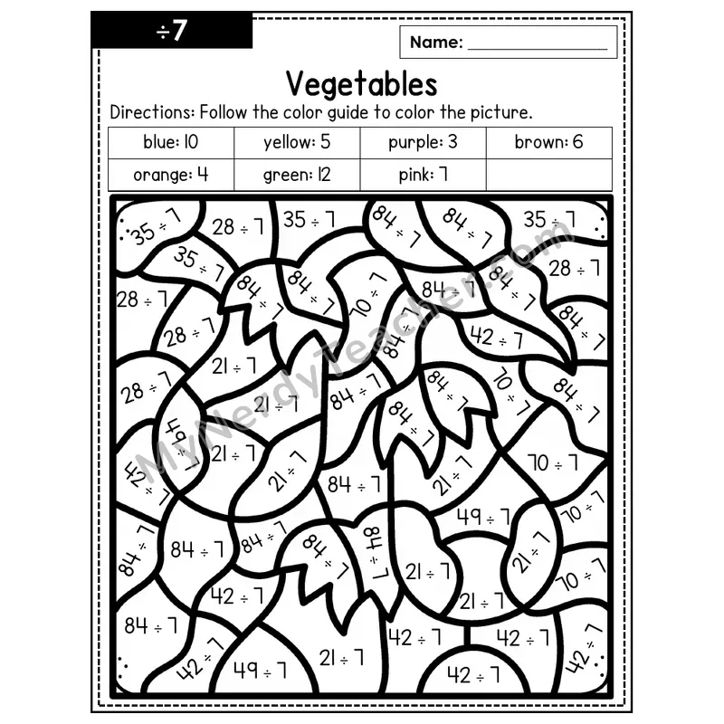 Division Color by Number — ÷7 — Vegetables (Page 4)