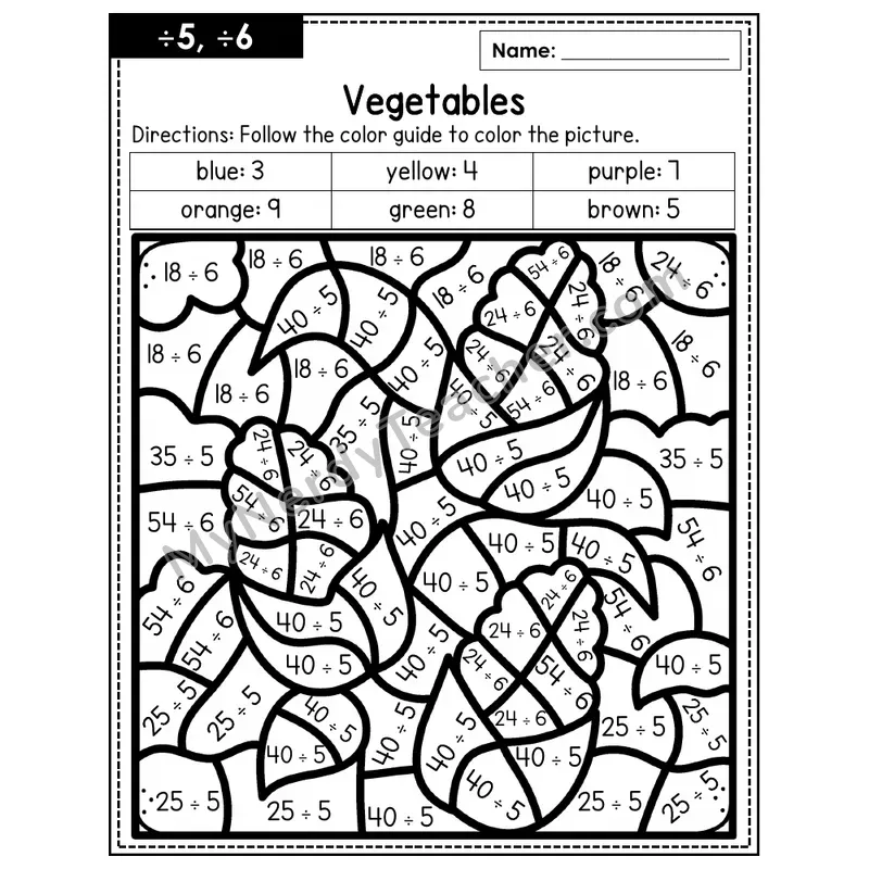 Division Color by Number — ÷5, ÷6 — Vegetables (Page 3)